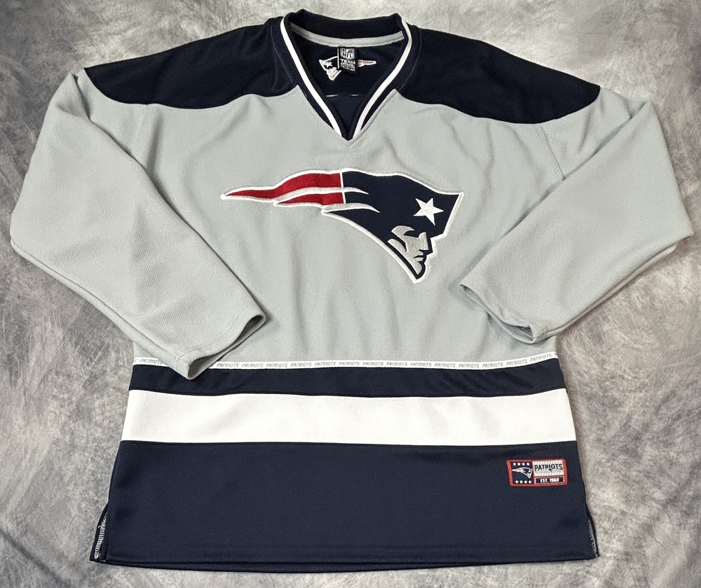 New England Patriots Hockey Style Jersey Mens Large Gray Navy NFL